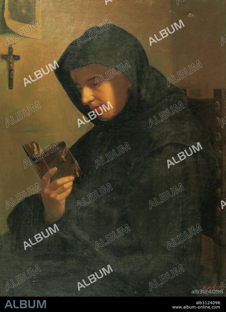 SIGLO XIX. EPOCA DEL REALISMO (1855-1887). ALSINA, Ramón Martí (Barcelona, 1836-1894). Pintor catalán. "FRARE PREGANT" (FRAILE REZANDO). Oleo sobre tela (80,3 x 60,3 cm). Museu Diocesà de Barcelona. Cataluña.