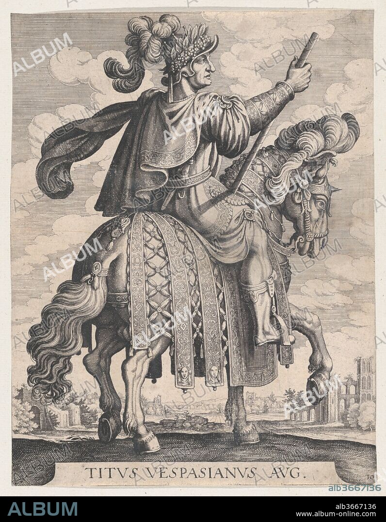 Plate 10: Emperor Titus on Horseback, from 'The First Twelve Roman Caesars' after Tempesta. Artist: Matthäus Merian the Elder (Swiss, Basel 1593-1650 Schwalbach); After Antonio Tempesta (Italian, Florence 1555-1630 Rome). Dimensions: Sheet: 11 13/16 × 9 1/16 in. (30 × 23 cm). Date: 1610-50.