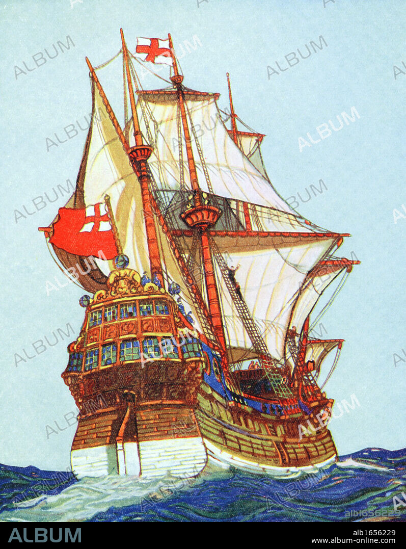 Tudor ships of the type used by privateers and explorers. Artist's impression: book illustration c1900.