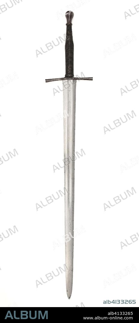 Hand-and-a-Half Sword. German, Passau. Date: 1500-1533. Dimensions: Overall L. 123 cm (48 3/8 in.)
Blade L. 93.3 cm (36 3/4 in.)
Wt. 3 lb. 10 oz. Steel, iron, cord, and wood. Origin: Germany.