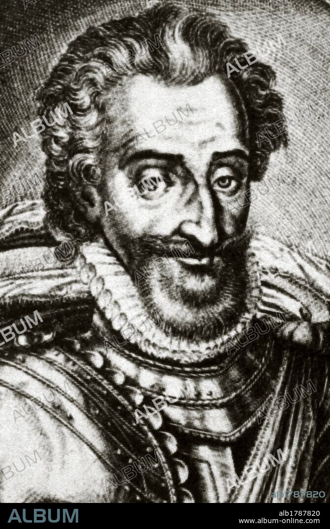 ENRIQUE IV "el Grande" (Pau, 1553-París, 1610). Rey de Navarra en 1562 (Enrique III) y rey de Francia (1589-1610). Jefe de los hugonotes (1569), sucedió a su madre Juana de Albret en Navarra. Tras su alianza con los protestantes estableció la tolerancia religiosa. Fue asesinado por el fanático católico Ravaillac. Grabado.
