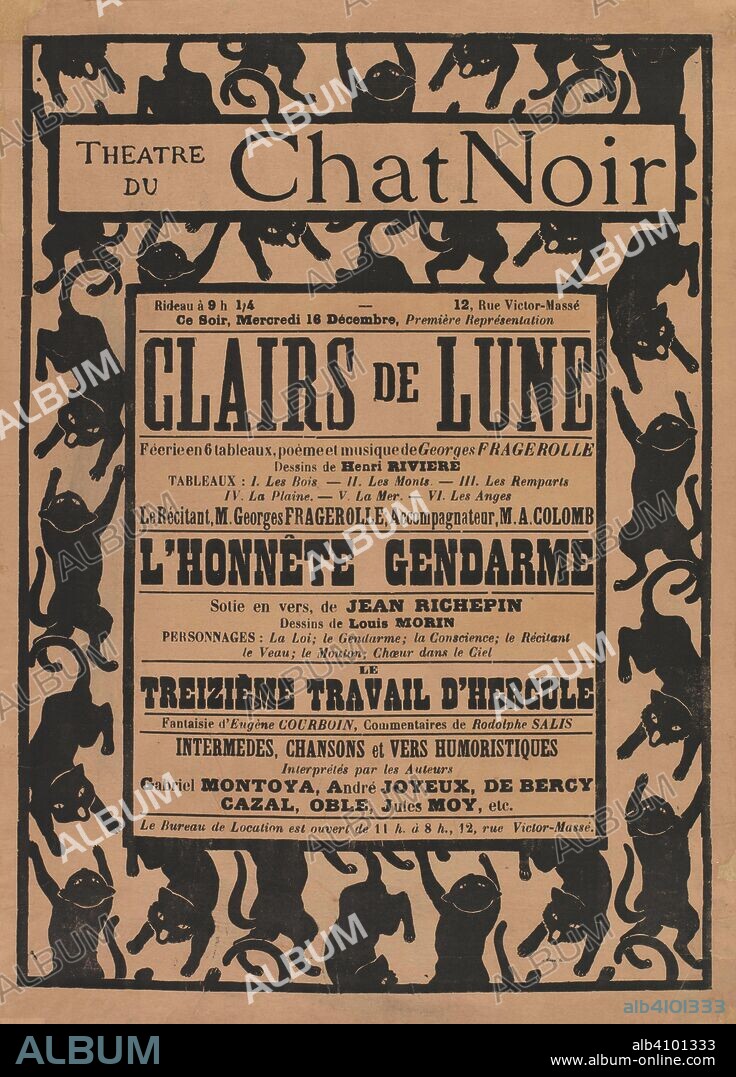 HENRI RIVIERE. Poster for the performances Clairs de lune by Georges Fragerolle, L'honnête gendarme by Jean Richepin and Le treizième travail d'Hercule by Eugène Courboin (Le Chat Noir, 16 December 1896). Dimensions: 58.7 cm x 42.2 cm, 54.1 cm x 39.5 cm.