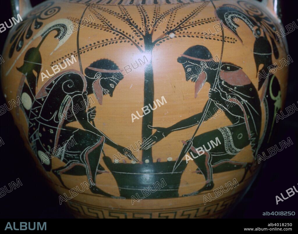 A vase-painting of Achilles and Ajax playing dice, found in an Etruscan tomb at Villa Giulia.