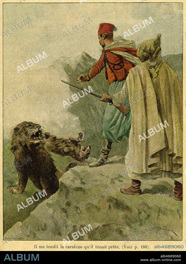 Jules GERARD (1817-1864). Il me tendit la carabine qu'il tenait prete. Illustration d'Alfred PARIS (1848-1908) pour Le tueur de lion par Jules GERARD. Credit :Coll. Jonas/KHARBINE-TAPABOR.