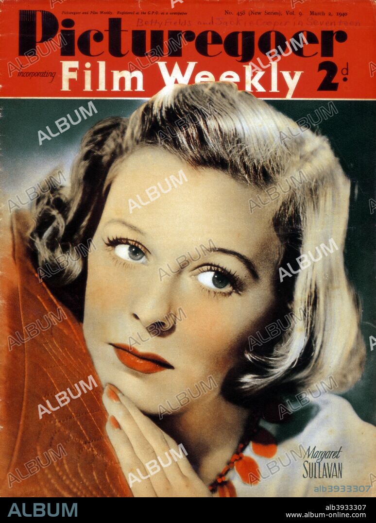 Margaret Sullavan (1909-1960), American actress, 1940. From the front cover of Picturegoer magazine (2 March 1940).  Cropping restrictions are in place.