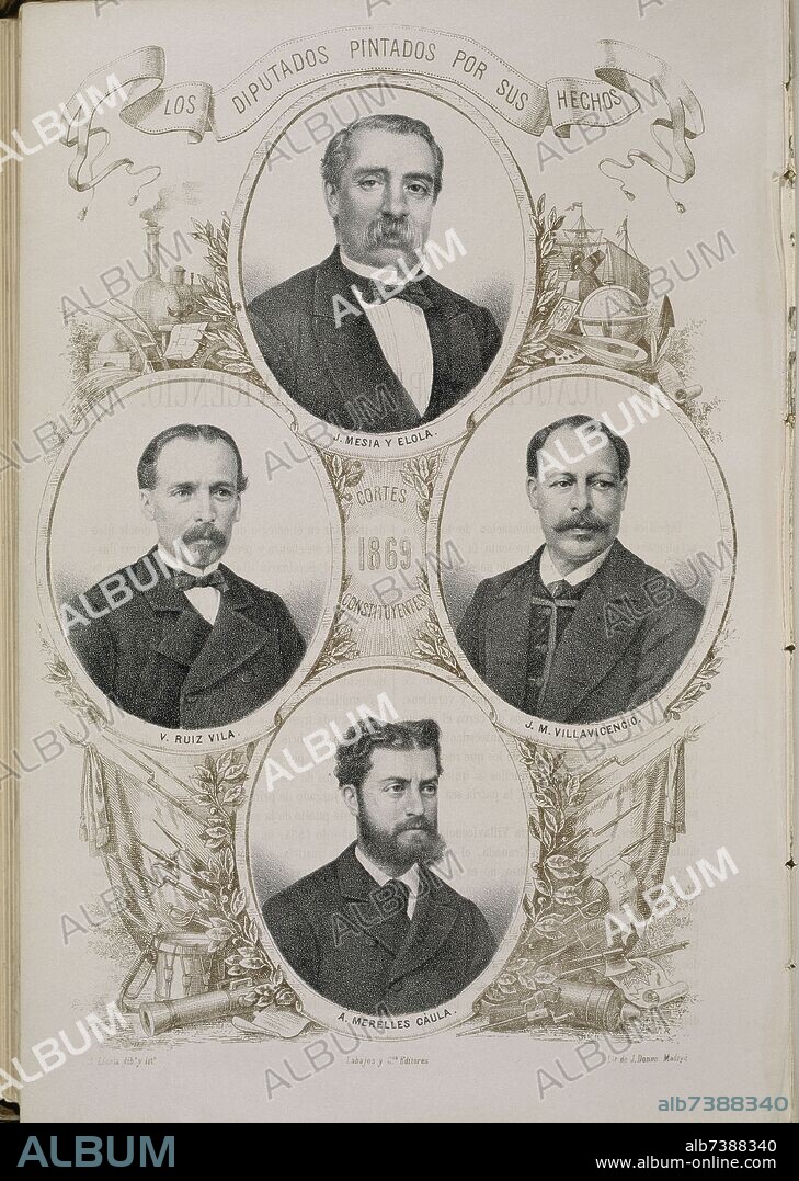 SANTIAGO LLANTA Y GUERIN-LITOGRAFO-. DIPUTADOS PINTADOS POR SUS HECHOS - J MESIA Y ELOLA- V RUIZ VILA- J M VILLAVICENCIO Y A MERELLES CAULA - CORTES CONSTITUYENTES DE 1869.
