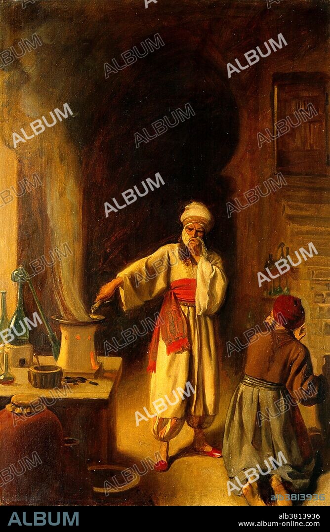 Rhazes in his laboratory in Baghdad. Oil painting by Ernest Board. Muhammad ibn Zakariya al-Razi (865-925 AD) was a Persian polymath. A prominent figure in the Islamic Golden Age, physician, alchemist, chemist, philosopher and scholar. He made fundamental and enduring contributions to the fields of medicine, alchemy, music, and philosophy, recorded in over 200 books and articles in various fields of science. He was well-versed in Persian, Greek and Indian medical knowledge and made numerous advances in medicine through own observations and discoveries. He was an early proponent of experimental medicine and has been described as the father of pediatrics for writing, The Diseases of Children, the first book to deal with pediatrics as an independent field of medicine. He became chief physician of Rey and Baghdad hospitals. His development of apparatus such as mortars, flasks, spatulas and phials, which were used in pharmacies until the early 20th century. An eye affliction started with cataracts and ended in total blindness. He refused to be treated and told a student he would die soon. He died several days later at the age of 60.