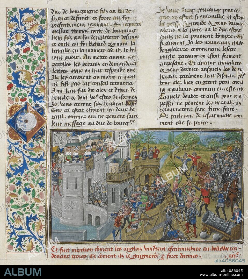 JEAN OF WAVRIN y MASTER OF THE VIENNA AND COPENHAGEN TOISON Dâ€™OR, MASTER OF THE WHITE INSCRIPTIONS, MASTER OF EDWARD. A capture of a bastion at Troyes, with a partial border containing a lozenge bearing a white rose of the York family with the Yorkist badge, 'Dieu et mon droit', at the beginning of chapter 21 of book 1. . Anciennes et nouvelles chroniques d'Angleterre (also known as Recueil des croniques dâ€™Engleterre). France, N. E. (Lille?) and Netherlands, S. (Bruges) Date c. 1470- c. 1480. Source: Royal 14 E. IV, f.59v. Language: French.