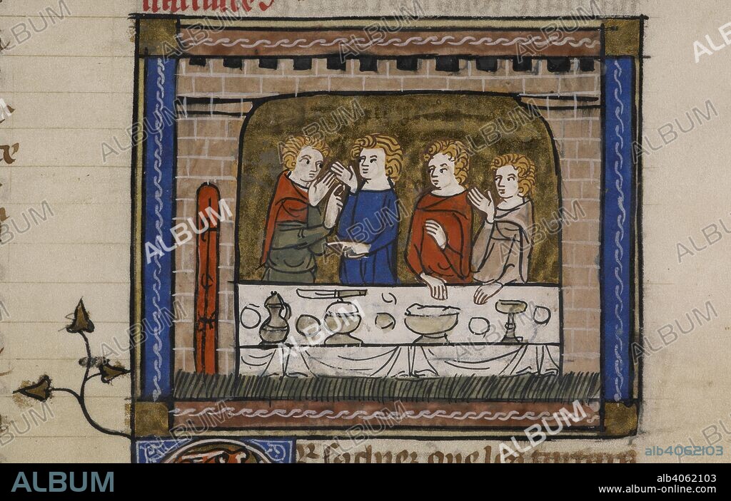 The Tartar Khan feasting. Li Livres du Grant Caam, or Travels of Marco Polo. France, after 1333. (Miniature only) The Khan, with companions, at table, which is covered in food, drink and utensils  Image taken from Li Livres du Grant Caam, or Travels of Marco Polo.  Originally published/produced in France, after 1333. . Source: Royal 19 D. I, f.88. Language: French.