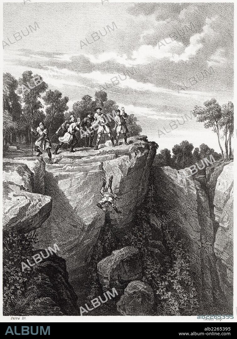 Historia de España. Muerte del rey Sancho Garcés IV de Navarra, arrojado desde una roca en los bosques de Peñalén en 1076. Grabado de 1872.
