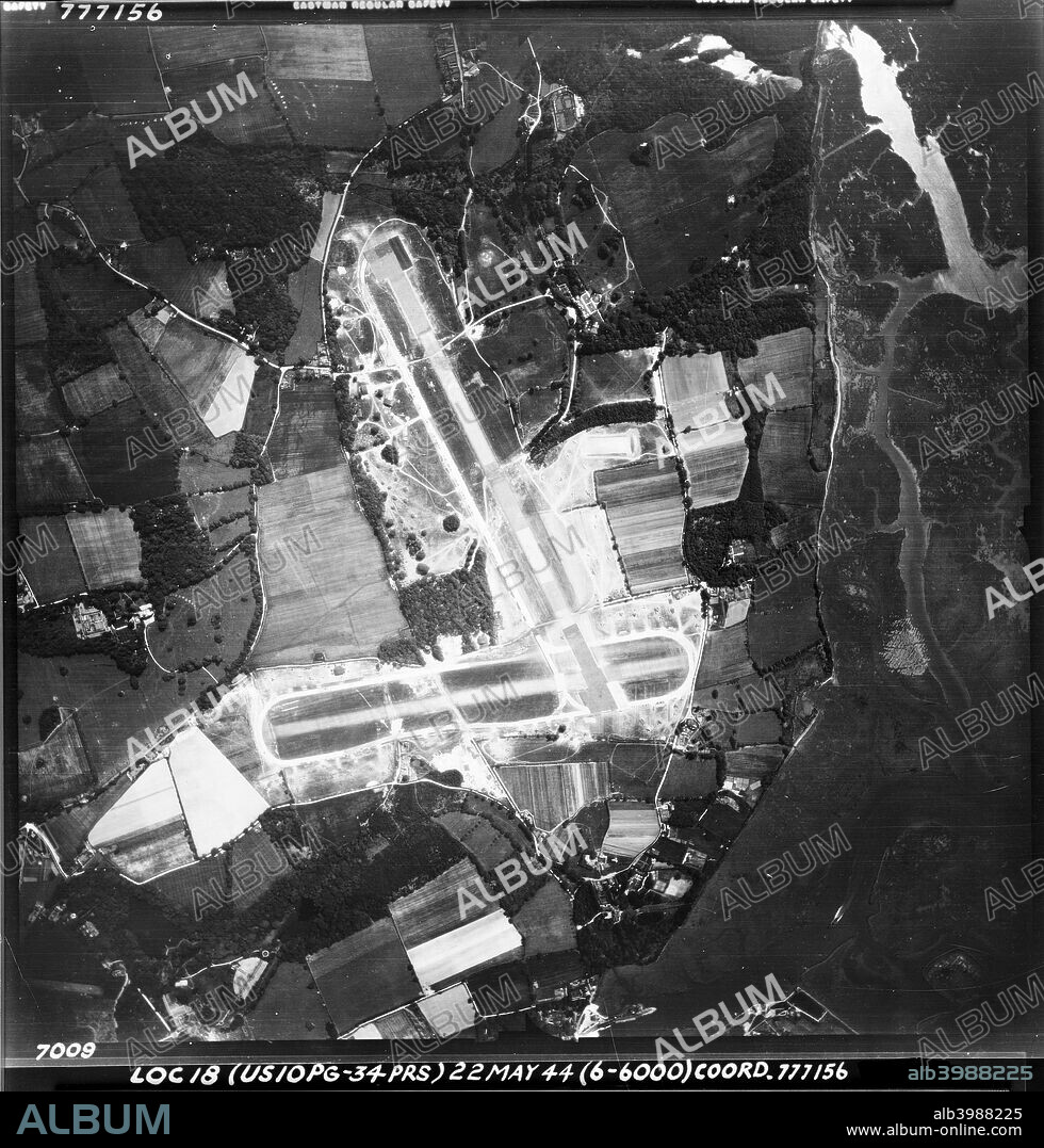 RAF Lymington, Hampshire, 1944. Opened before D-Day in 1944 it was a prototype for temporary landing fields used across France in WW2. The airfield was used by RAF, RCAF and US units including USAAF 50th Fighter Group, but was closed down in 1946. Photographed by the USAAF Photographer.