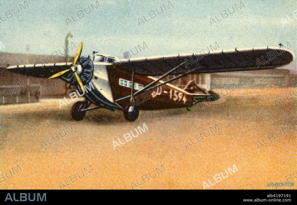 Arado V I airliner, 1920s, (1932). The Arado V1 was a German single-engine, high-wing braced monoplane airliner built in 1927. It made several long-distance flights, including carrying mail to South America. From "Die Eroberung Der Luft", (The Conquest of the Air), cigarette card album produced by the Garbáty cigarette factory, 1932. Eugene and Moritz Garbáty, who were Jewish, were driven out of business by the Nazis in the late 1930s, and forced to sell their factory which lay empty for over 70 years. [Garbaty Cigarettenfabrik, Berlin-Pankow, 1932].