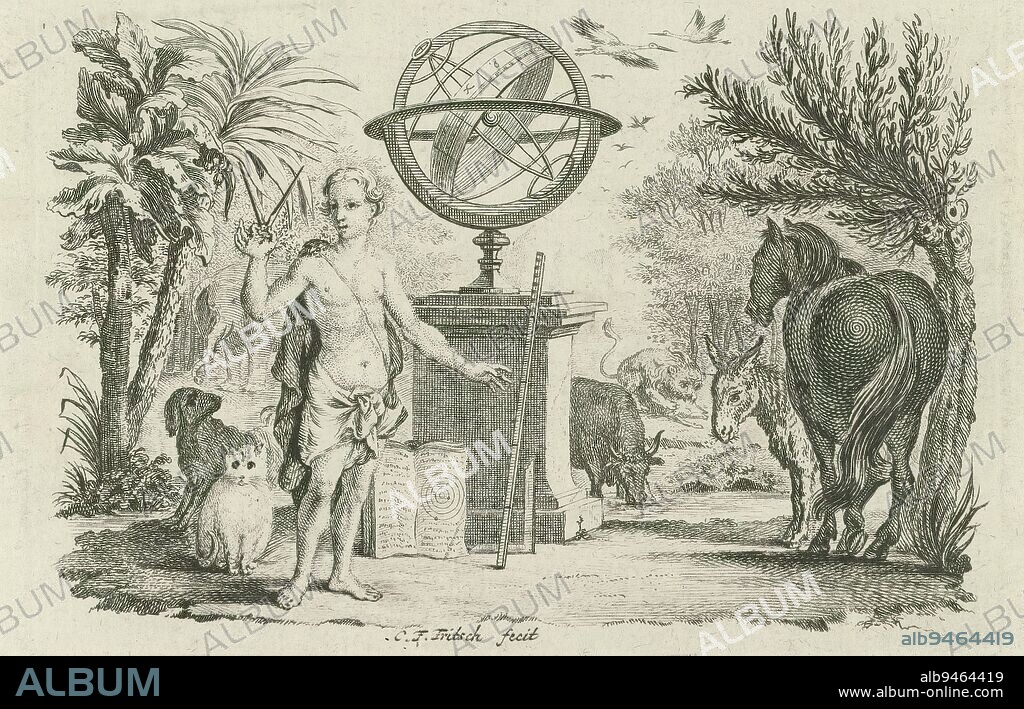 Adam as scientist, Vignette with allegory on natural sciences, In a landscape with several trees and animals, a half-naked man stands in the foreground holding a measuring instrument. Behind him are an astrolabe and other instruments., print maker: Christian Friedrich Fritzsch, (mentioned on object), after print by: Reinier Vinkeles (I), (copy after), c. 1760 - c. 1780, paper, engraving, height 82 mm × width 120 mm.