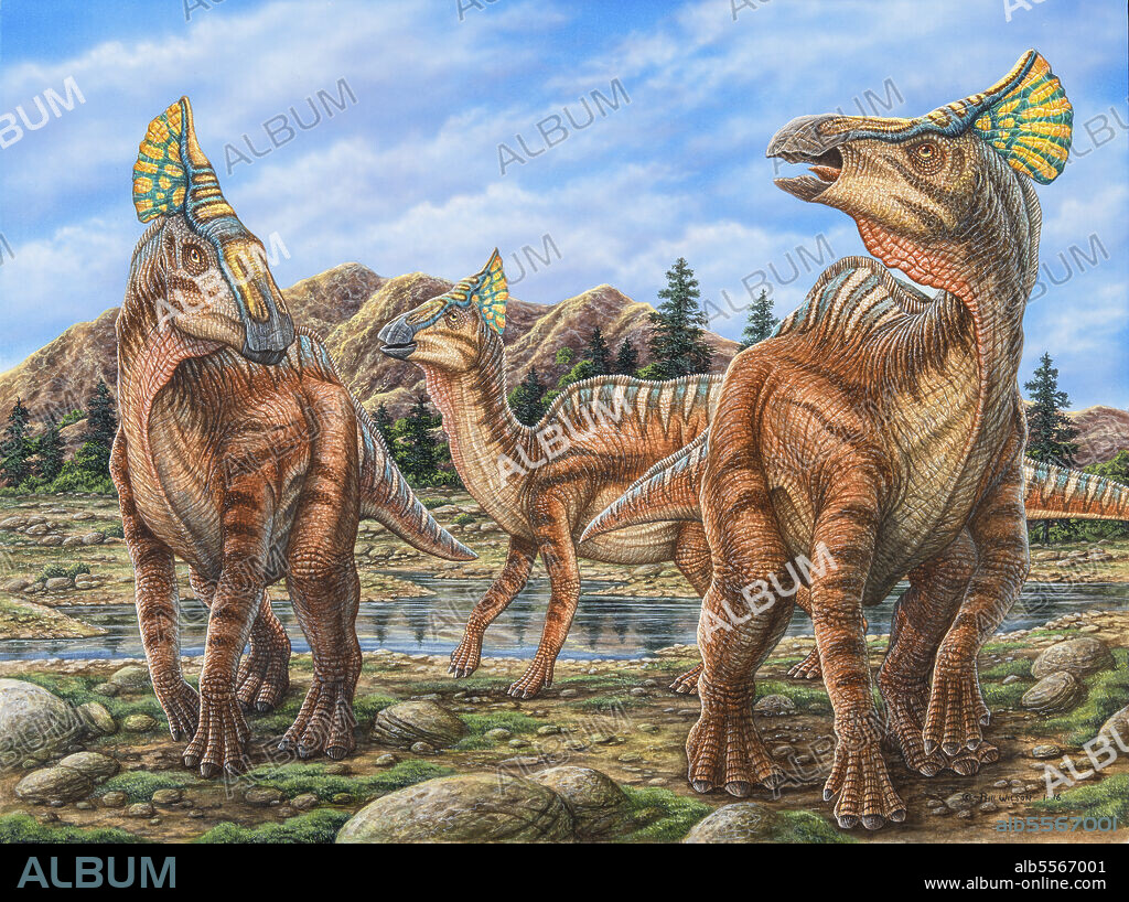 Olorotitan dinosaurs walking by a stream.