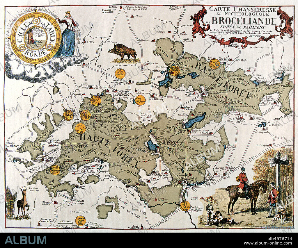 'Carte chasseresse et mythologique de BROCELIANDE foret de Paimpont' illustree par Daniel DERVEAUX (ADAGP). Credit : Coll. Perrin/KHARBINE-TAPABOR.