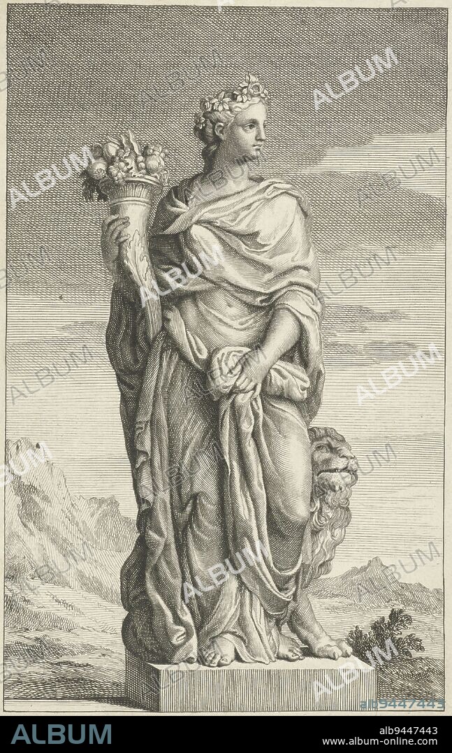 Statue in the gardens of Versailles. The female personification of Earth, a horn of plenty in hand. At her feet a lion. In the margin a caption in French, Earth Statues from the Gardens of Versailles., print maker: Bernard Picart, (workshop of), Bernard Picart, (mentioned on object), Benoît Massou, (mentioned on object), Paris, 1709, paper, etching, engraving, h 180 mm × w 107 mm.