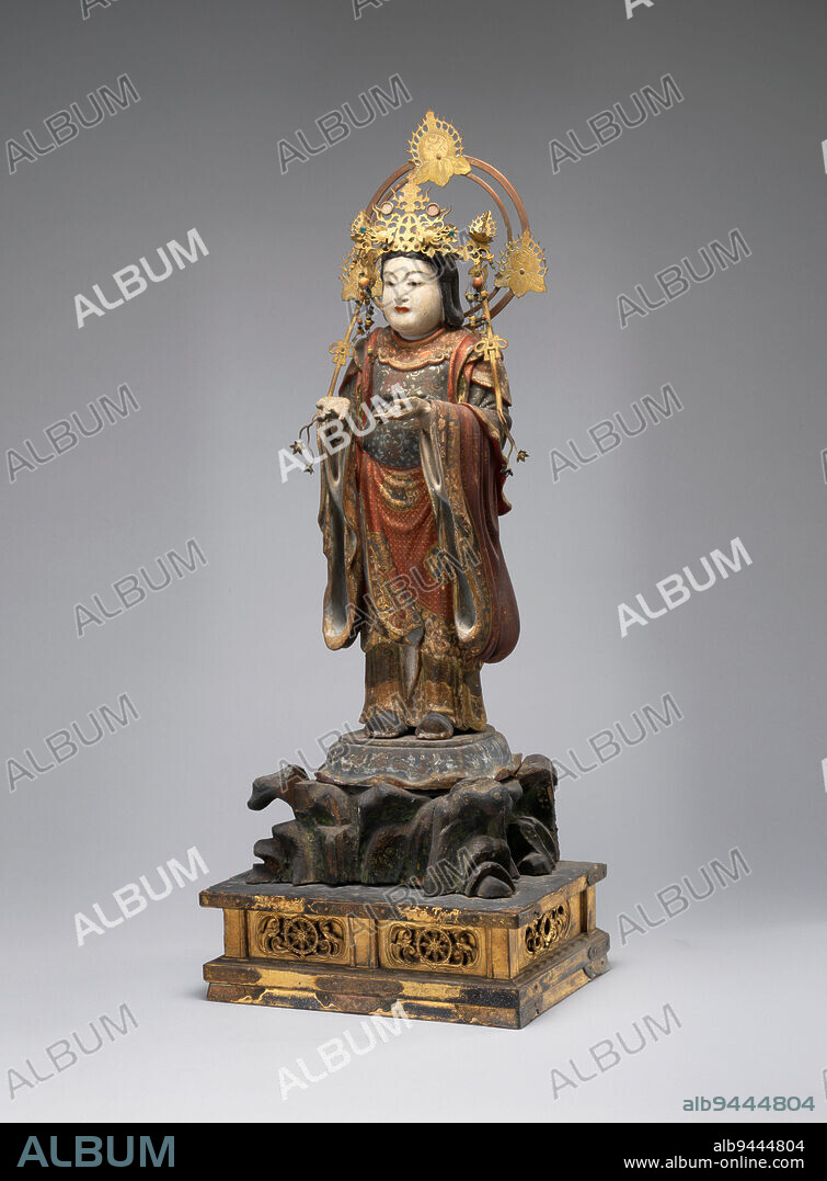 Zenmy nyoshin, the Goddess Shanmiao, 18th century, Unknown Japanese, 21 3/4 × 8 5/8 × 6 1/2 in. (55.25 × 21.91 × 16.51 cm), Wood with polychrome and gold, brass, glass beads, Japan, 18th century.
