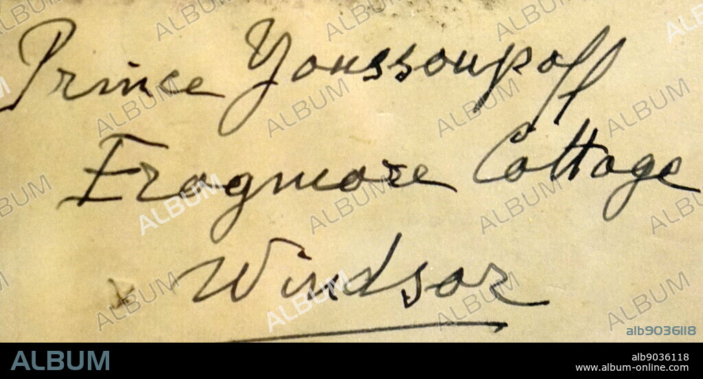 Signature of Felix Yusupov. Prince Felix Felixovich Yusupov, Count Sumarokov-Elston (1887-1967) a Russian aristocrat, prince and count from the Yusupov family. He is best known for his participation in the assassination of Grigori Rasputin.