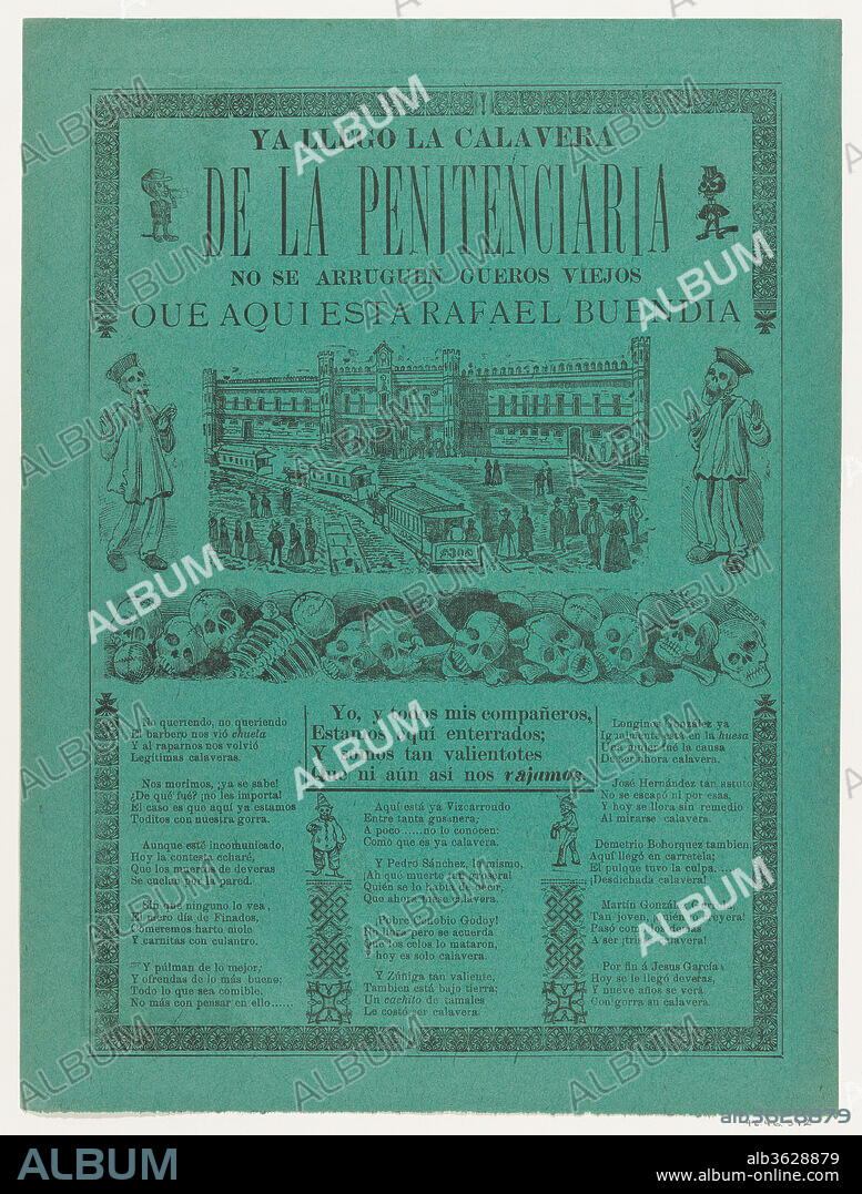 JOSE GUADALUPE POSADA et MANUEL MANILLA. The arrival of the skeletons of the penitentiary (Posada); two skeleton angels in lower corners of verso (Manilla). Artist: José Guadalupe Posada (Mexican, 1851-1913); Manuel Manilla (Mexican, Mexico City ca. 1830-1895 Mexico City). Dimensions: Sheet: 15 3/4 × 11 13/16 in. (40 × 30 cm). Publisher: Antonio Vanegas Arroyo (1850-1917, Mexican). Date: 1902.
