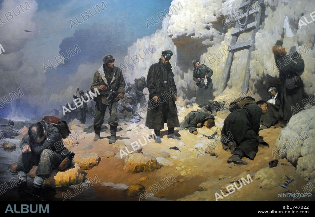 World War II. Cape Chersonese. May 12, 1944. The latest German fighters were evacuated by boat of the Lighthouse Chersonese (Crimea). Colored illustration. Black Sea Fleet Museum. Sevastopol. Ukraine.