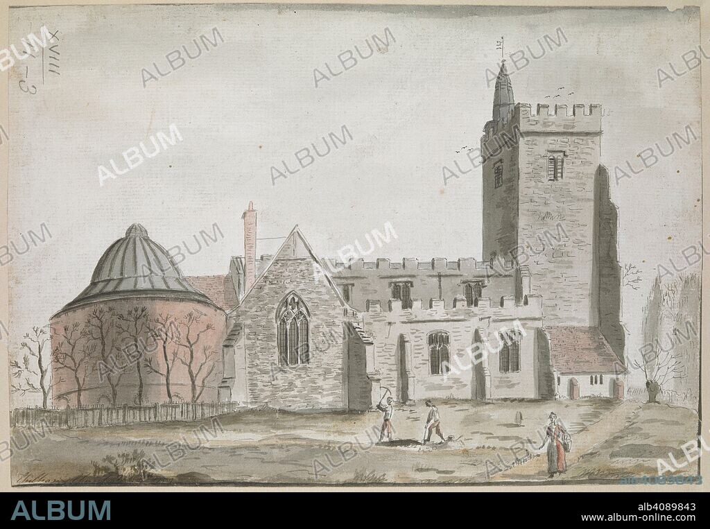 Figures digging graves in the churchyard at St. Mary's Chilham, Kent; a woman on a path nearby; the church in the background. Chilham Church Feb 4th 1759 Kent. February 4 1759. Pen and black ink with watercolour. Source: Maps K.Top.18.11.3.