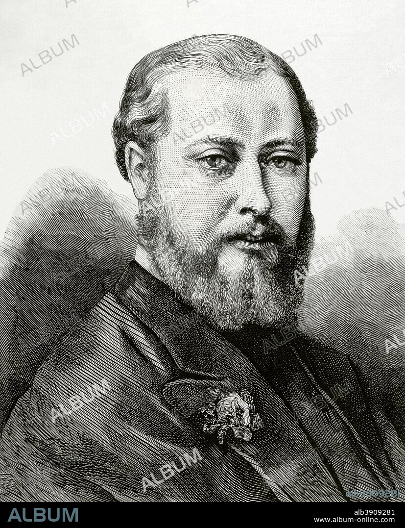 Eduardo VII (Londres,1841-1910). Rey de Gran Bretaña e Irlanda y emperador de la India (1901-1910). Hijo mayor y sucesor de la reina Victoria. El Príncipe Alberto Eduardo, futuro Eduardo VII. Retrato. Grabado. La Ilustración Española y Americana, 22 de abril de 1876. Biblioteca Histórico Militar de Barcelona, Cataluña, España.