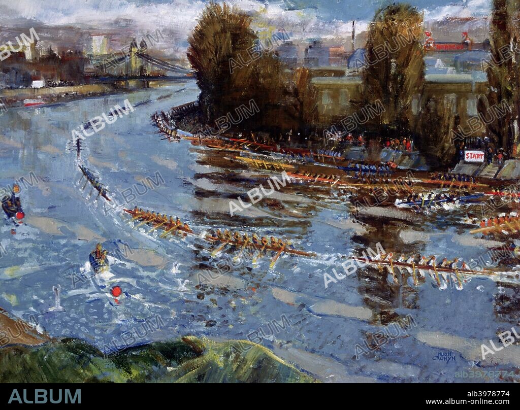 'Head of the River for Schools', (rowing race on the Thames, London), after c1925. The start of a school boat race, with Albert Bridge in the distance.