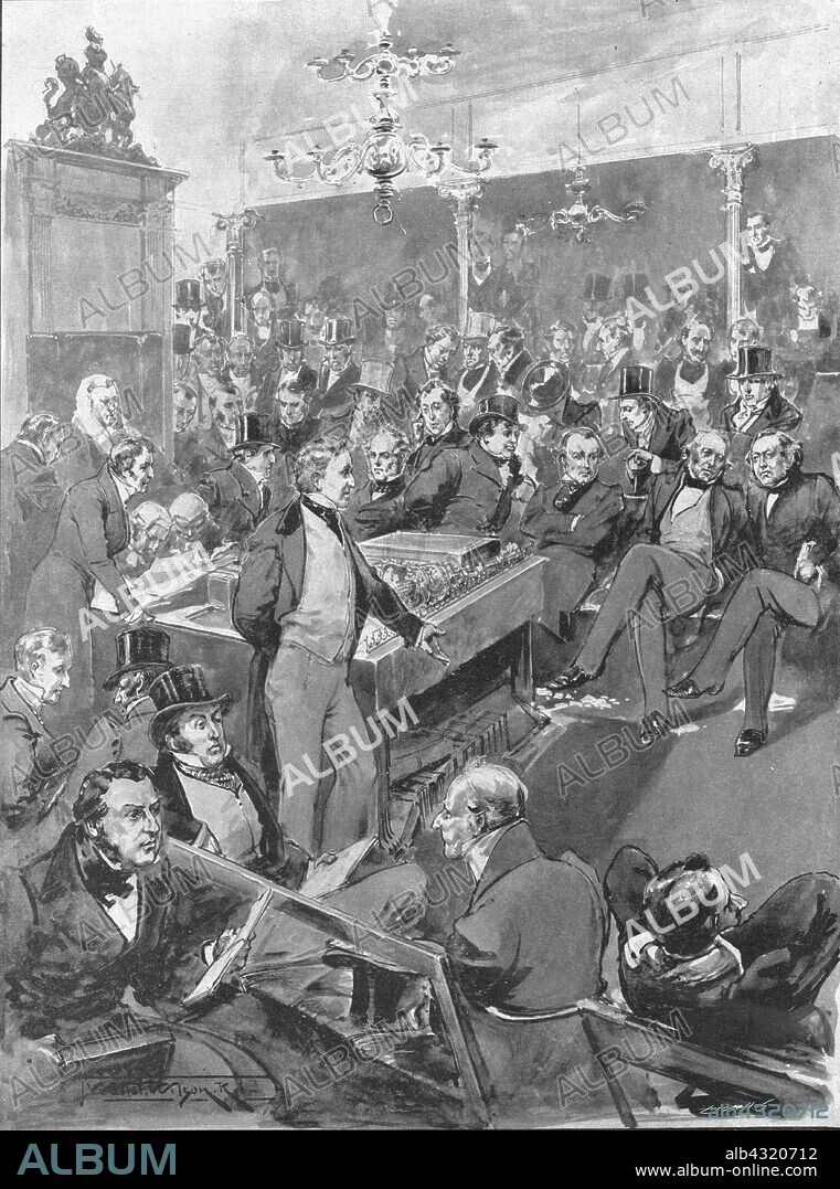 'The House of Commons in 1846: Sir Robert Peel announcing his Conversion to Free Trade Principles during the Corn Law Debate, January 22', (1901). British Conservative prime minister Sir Robert Peel (1788-1850) speaks in parliament in London. His decision to join with Whigs and Radicals to repeal the Corn Laws led to his resignation. Also present are Sidney Herbert (1810-1861), William Ewart Gladstone (1809-1898), Sir James Graham (1792-1861) and Henry Goulburn (1784-1856). From "The Illustrated London News Record of the Glorious Reign of Queen Victoria 1837-1901: The Life and Accession of King Edward VII. and the Life of Queen Alexandra". [London, 1901].