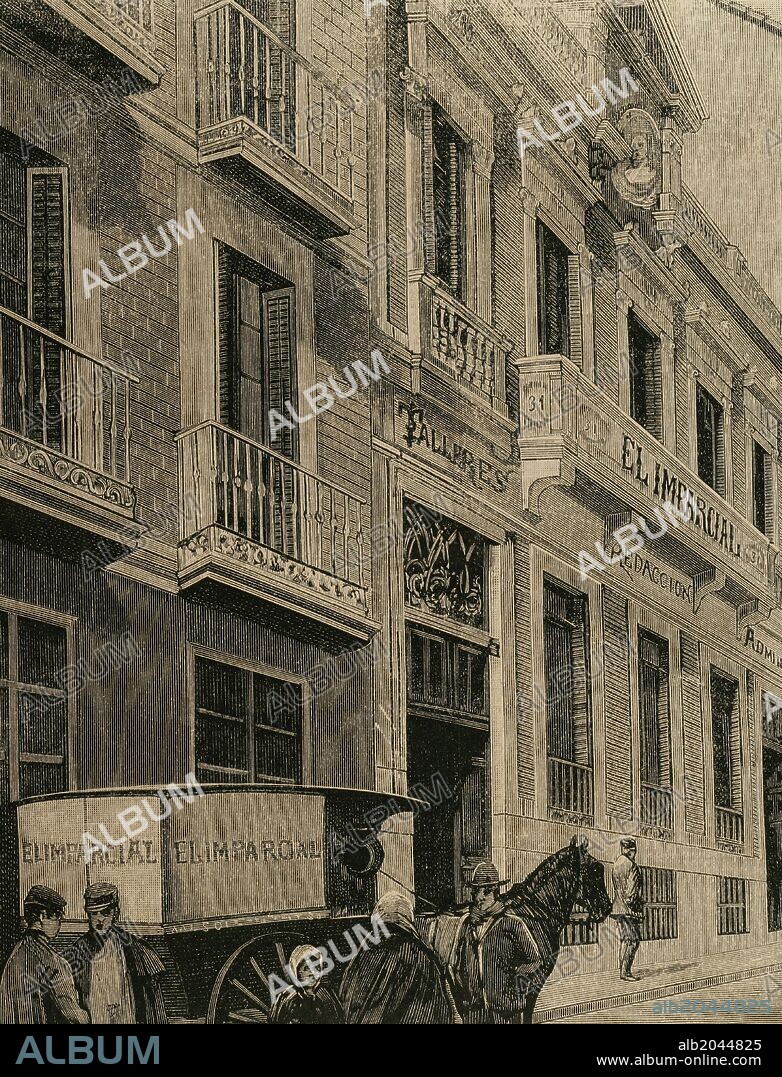 HISTORIA ESPAÑA. S. XIX. MADRID. Exterior del nuevo edificio del periódico "El Imparcial". Grabado " La Ilustración Española y Americana", año 1889.