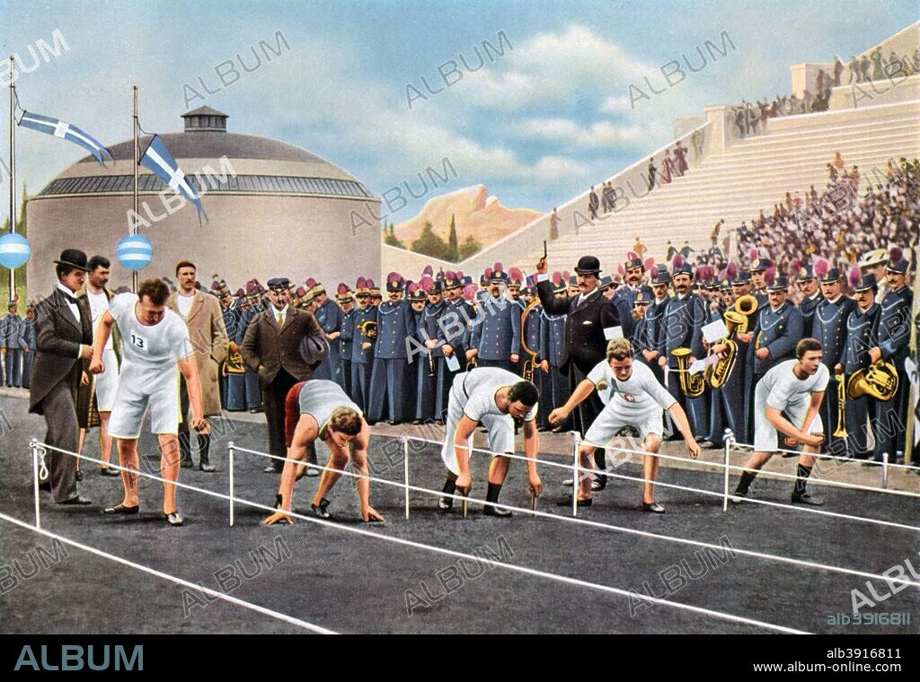 100 metres sprint race at the Olympic Games, Athens, 1896, (1936). A scene from the first Olympics of the modern era. A print from Olympia 1936, Die Olympischen Spiele 1936, Volume I, Cigaretten-Bilderdienst, Hamburg, 1936.