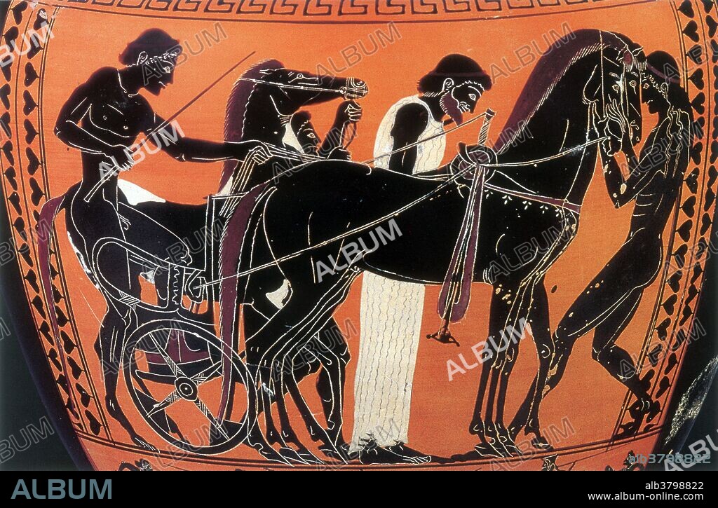 Equestrian events were the most prestigious competitions in the games, due to only the wealthy being able to afford the maintenance and transportation of horses. These races consisted of different events: the four-horse chariot, the two-horse chariot, and the horse with rider. The four-horse chariot was the first equestrian event, introduced in 680 BC. The two-horse chariot was later introduced at Olympia at 408 BC. The horse with rider competition on the other hand, was introduced in 648 BC. In this race, Greeks didn't use saddles or stirrups, so they required good grip and balance. Black-figure pottery painting, also known as the black-figure style or black-figure ceramic is one of the styles of painting on antique Greek vases. Figures and ornaments were painted on the body of the vessel using shapes and colors reminiscent of silhouettes.