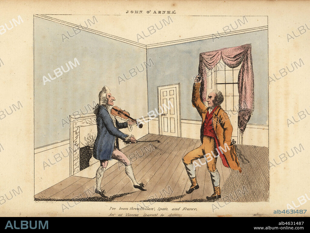 Scottish traveller dancing a jig with a violinist. Ive been throw Hollan', Spain and France, An' at Vienna learn'd to dance. Handcoloured copperplate engraving from George Beatties John o Arnha, Montrose, Scotland, 1826.