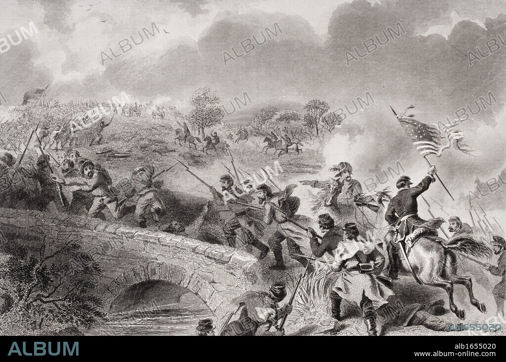 Battle of Antietam near Sharpsburg Maryland 1862. Taking of the Bridge on Antietam Creek. Artist F.O.C. Darley.