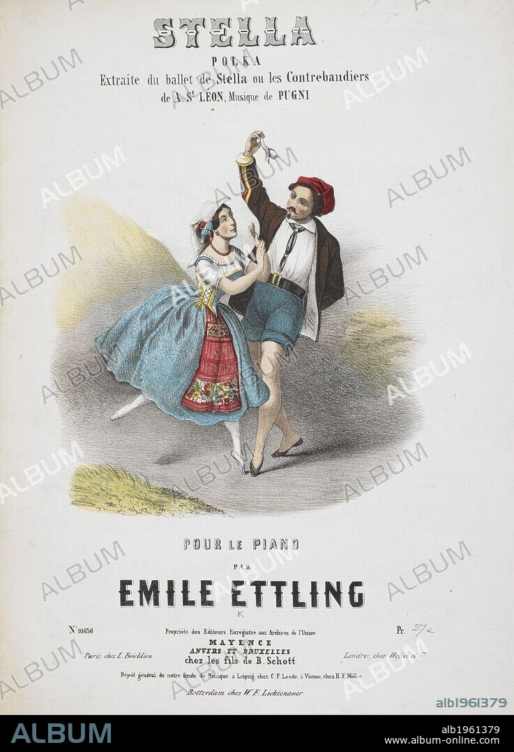 LOUIS ENGEL. Male and female ballet dancers. . La Seguidilla. Polka-mazurka, und Polka, in dem Ballet: Die Weiberkur getanzt von FraÌˆulein Marie Taglioni fuÌˆr Clavier... Wien : Bei C. A. Spina, [1853?]. Stella polka ... pour le piano par Emile Ettling. Colour illustration. Source: Hirsch M.1312.(3).
