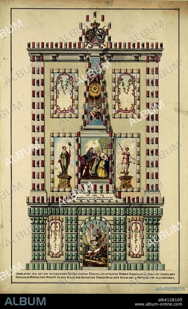 Illuminatie van het huis van Tobias Boas voor de intrede van Willem V en Wilhelmina van Pruisen, 1767. Abbildung wie bey den glucklichen Einzug unsers Durchlauchtigsten Herrn Erbstadhalters mit desselben Gemahlin Königliche Hoheit in Dem Haag der Banquier Tobias Boas sein Hauss den 9. Novembr. 1767 illuminiret (title on object). Draughtsman: anonymous. Dating: 1767. Place: Northern Netherlands. Measurements: h 576 mm × w 375 mm.