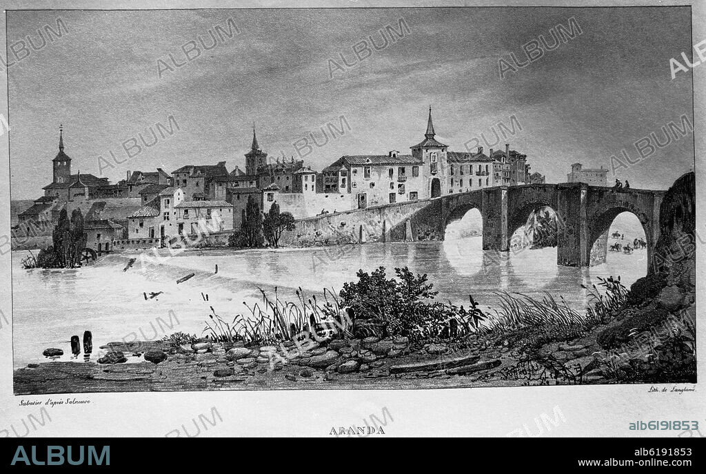 SABATIER. VISTA DE ARANDA DE DUERO - GRABADO SIGLO XIX.