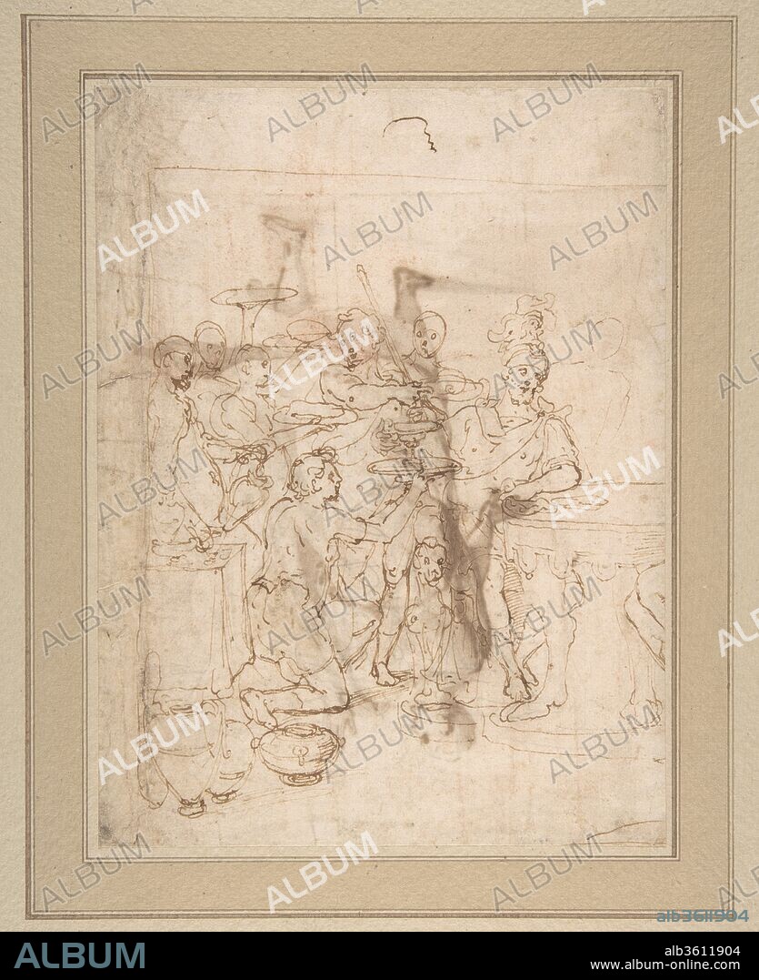 Banquet Scene: A Seated Warrior Attended by a Number of Servants (recto); Back View of a Standing Man in a Long Cloak (verso). Artist: Cesare Nebbia (Italian, Orvieto ca. 1536-1614 Orvieto). Dimensions: 11 x 8 1/4in. (27.9 x 21cm). Date: 1536-1614.