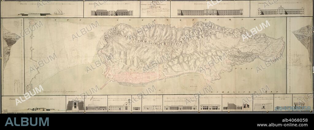 A plan of the isthmus, city and fortifications of Gibraltar. A colored "plan of the isthmus, city, and fortifications of Gibraltar, shewing elevations and sections of the principal public buildings, profiles through the two extremities of the rock, and forts built by the Spaniards; also the soundings and particular heights of the hill laid down on the plan, with several additional designs for better defending and securing the place;". 1751. Source: Maps K.Top.72.36. Language: English.
