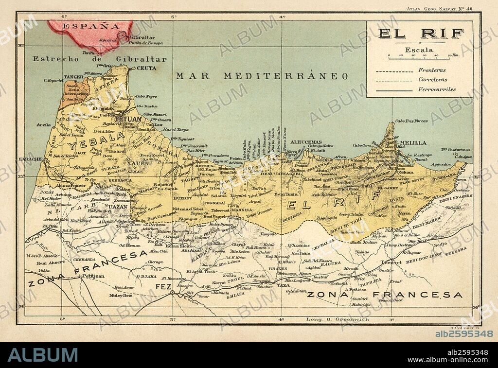España. Mapa de El Rif, con los límites de las colonias españolas en el norte de África en los años 1920.