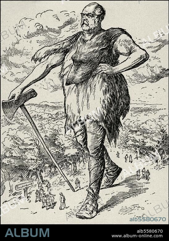 Bismarck, Otto von; Staatsmann. 1815-1898. Bismarck als Rübezahl von Friedrichsruh. (Karikatur auf die Entlassung Bismarcks als Reichskanzler, 20. März 1890). Aus dem Wiener Figaro, April 1890.