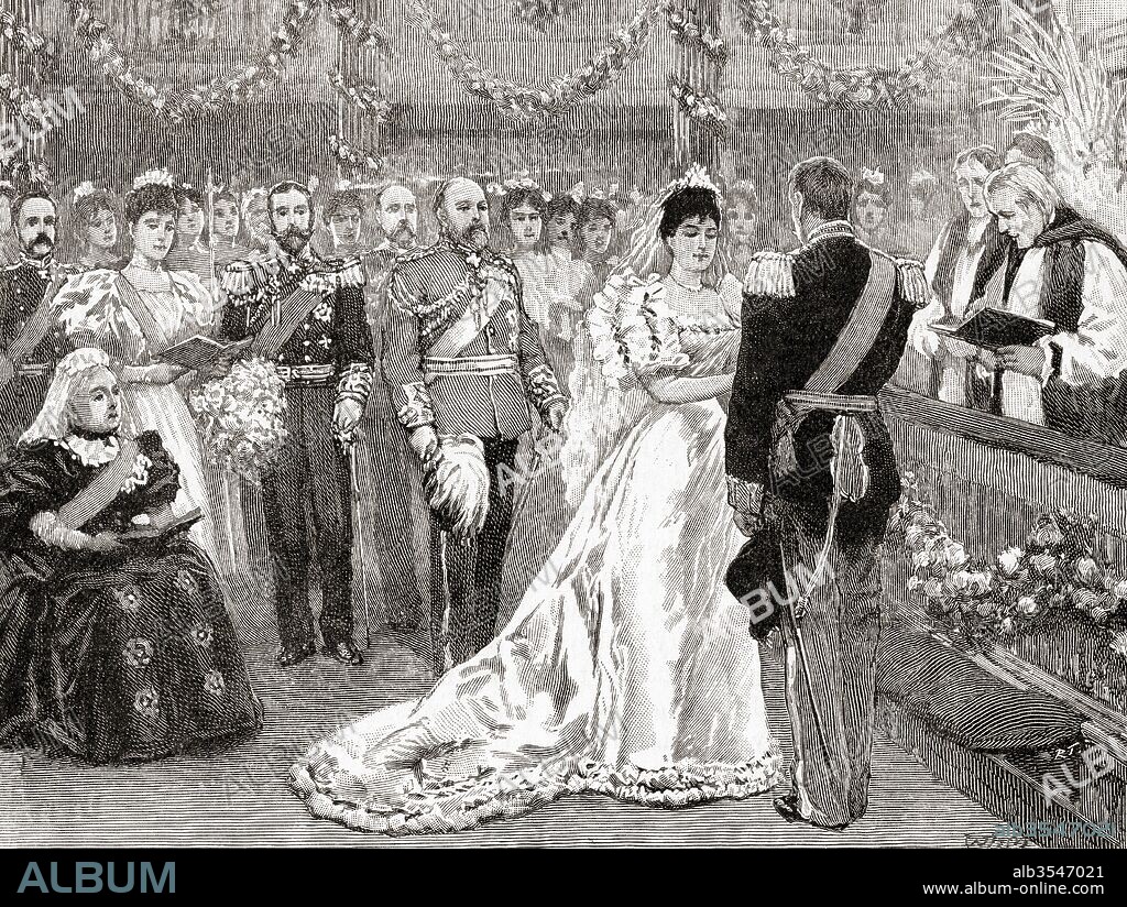 The marriage of Princess Maud of Wales, later queen consort of Norway, to Prince Carl of Denmark, later King Haakon VII. Maud of Wales, 1869 – 1938. Queen of Norway as spouse of King Haakon VII. From The Century Edition of Cassell's History of England, published c. 1900.