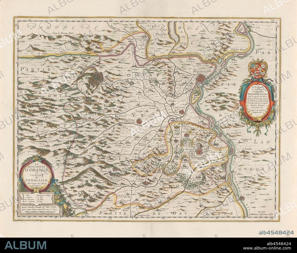 Cartography in the Netherlands, map of the Principality of Orange and the Comtat Venaissin, Map of Orange and Venaissin, dedicated to Prince Frederik Hendrik of Orange-Nassau (r.m.) with crowned weapon. Borders, cities, hills and trees colored, yellow bordered, l.o. under legend a legend and scale in French and Italian miles and in miles from Orange and the Provenence (1: 300 000). Inscription, l.o .: LA / PRINCIPAUTÉ D'ORANGE / et / COMTAT / de / VENAISSIN. Signed, l.o .: Par Iacques de Chieze / Orangeois. r.o .: Excudit / Guiljelmus Ianssonius Caesius. Dated, l.o .: 1627., Jacques de Chieze, Amsterdam, 1627, paper, engraving, h 38.2 cm × w 50 cm.