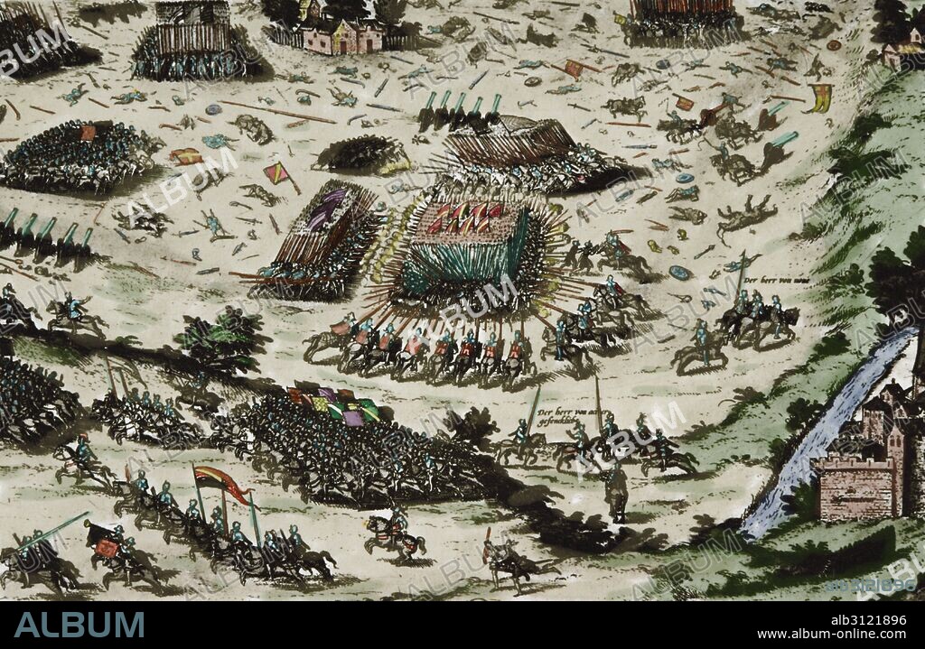 GUERRAS DE RELIGION. FRANCIA. SIGLO XVI. "BATALLA DE MONCONTOUR" (1569) entre católicos y reformistas. Grabado coloreado.