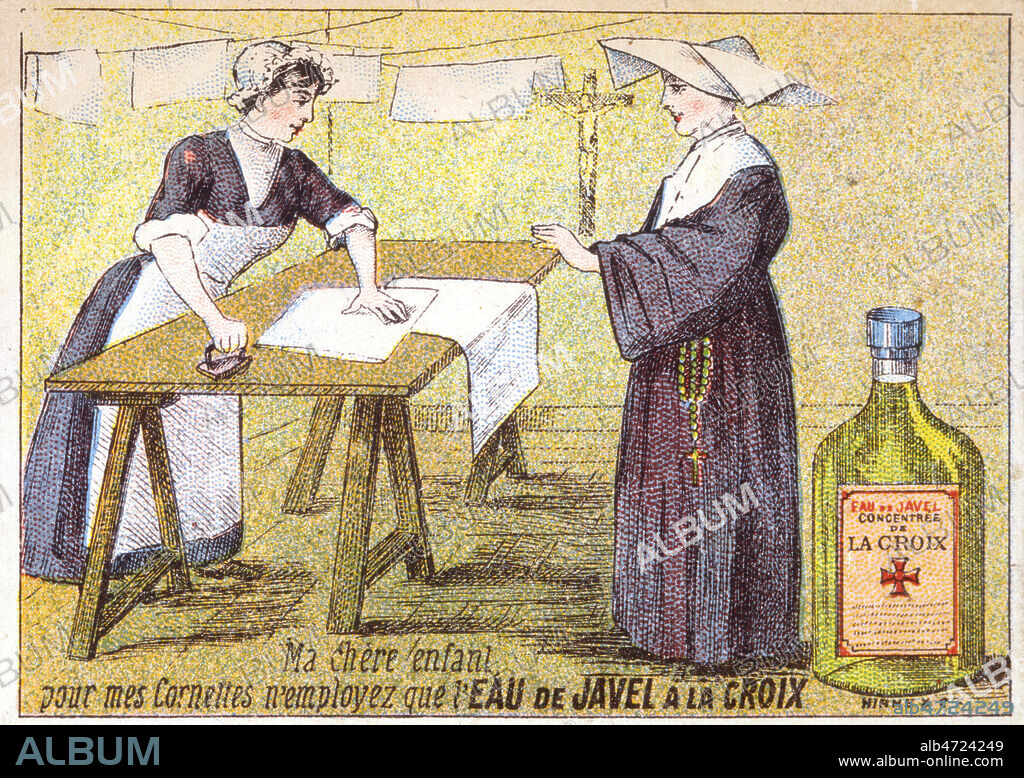 Deux bonnes soeurs parlent : 'Ma chere enfant, pour mes cornettes n'employez que l'eau de javel La Croix'. Publicite du debut du 20eme s. pour une eau de javel. Credit : Collection KHARBINE-TAPABOR.