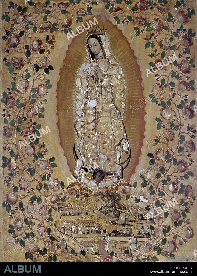 JUAN Y MIGUEL GONZALEZ PINTORES SIGLO XVII. VIRGIN DE GUADALUPE - 1697 - ENCONCHADO PAINTING.