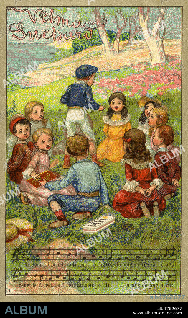 Chanson Il court il court le Furet. Publicite pour le Chocolat SUCHARD. Carte postale publicitaire, debut 20eme siecle. Credit : IM/KHARBINE TAPABOR.