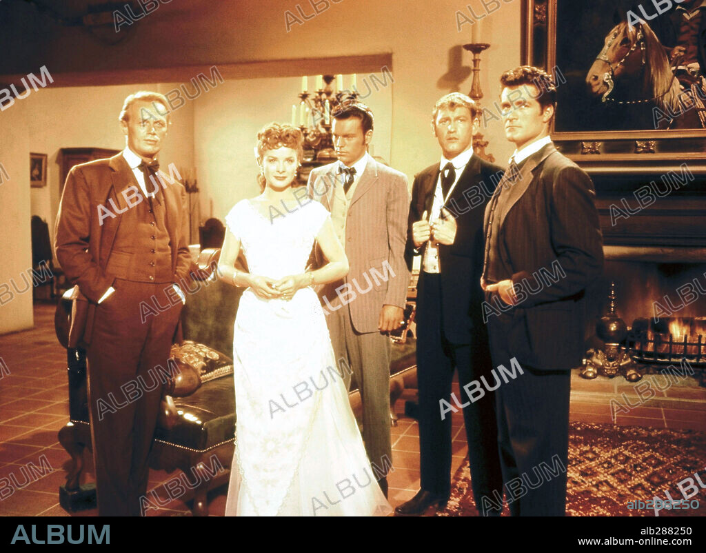 EARL HOLLIMAN, HUGH O'BRIAN, JEAN PETERS, RICHARD WIDMARK and ROBERT WAGNER in BROKEN LANCE, 1954, directed by EDWARD DMYTRYK. Copyright 20TH CENTURY FOX.