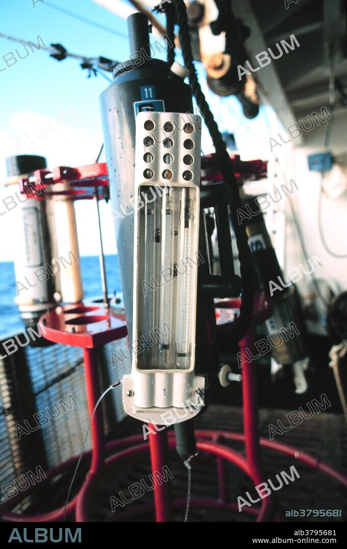 Temperature sensors on a CTD (Conductivity-Temperature-Depth) instrument used to measure salinity, temperature, pressure, depth and density of water.