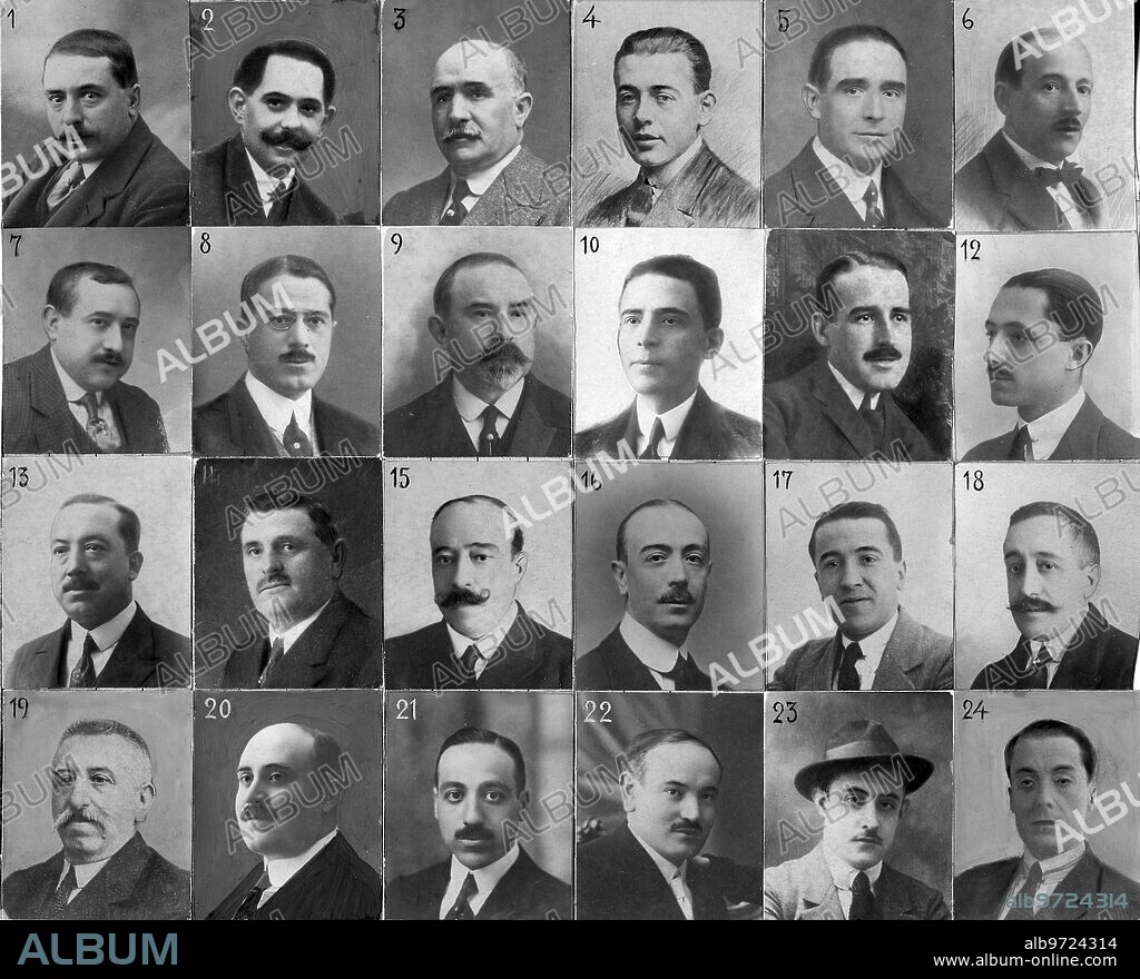 Febrero 1922. Madrid. Los Nuevos Concejales. 1.-don Enrique Flores Valles, Liberal. 2.-D. Tomás Fernández, Liberal. 3.-D. Jenaro Marcos Cerrudo, Albista. 4.-D. Clemente Velarde, Maurista. 5.-D. Antonio Pelegrin, Conservador. 6.-D. Rafael Barón, Liberal. 7.-D. Manuel Cubero, Albista. 8.-D. Luis Saiz de los Terreros, Maurista. 9.-D. Fulgencio de Miguel, Liberal. 10.-D. Aurelio Regulez, Maurista. 11.-D, José muro Lara, Independiente. 12.-señor duque del Arco, Maurista. 13.-D. Carlos Gómez Jiménez, Liberal. 14.-D. Bernardo Inclán, Conservador. 15.-D. Bonifacio Manuel Bolaños, Maurista. 16.-señor Conde de Vilana, Maurista. 17.-D. Miguel Colom Cardany, Maurista. 18.-D. Francisco Ortiz Sala, Maurista. 19.-D. Matías Gómez Latorre, Socialista. 20.-D. Julián Martínez Reus, Reformista. 21.-D. Julián Sanz de Grado, Maurista. 22.-D. Joaquín de la Presa, Maurista. 23.-D. José Silva Aramburu, Independiente. 24.-D. Sergio Álvarez R. Villamil, Reformista -.