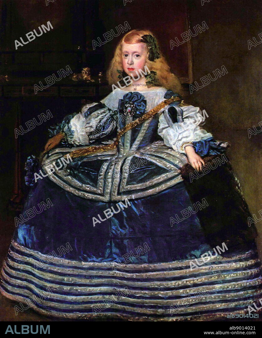 Painted portrait of Margaret Theresa of Spain (Also known as Margarita Teresa or Margarete Theresia). Lived from 12th July 1651 to 12th March 1673. She was the daughter of King Philip IV of Spain and Mariana of Austria, and presided as the Holy Roman Empress, German Queen, Archduchess consort of Austria, Queen consort of Hungary and Bohemia. She is the central figure in the famous "Las Menina"s by Diego Velázquez, and became the subject of many of his later paintings. Oil on canvas.
